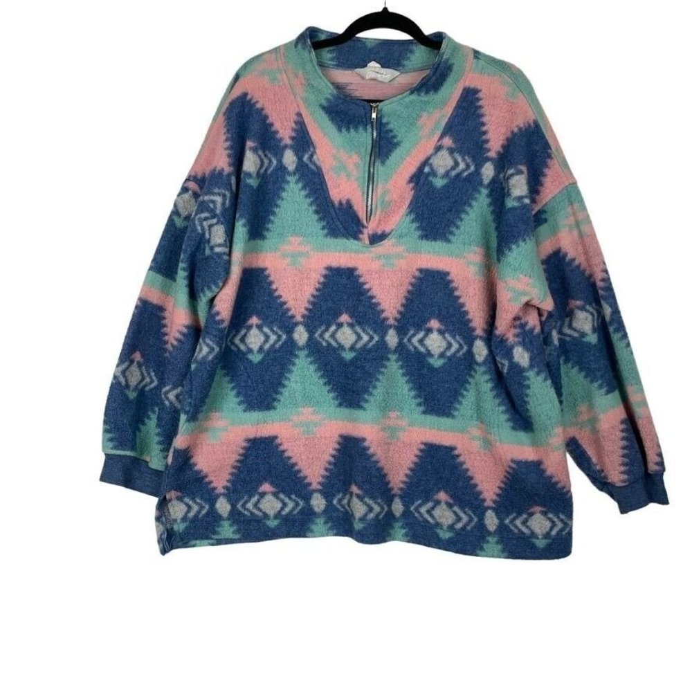 Blair Southwestern Pastel Quarter Zip Vintage Fleece Sweatshirt Tribal Aztec XL